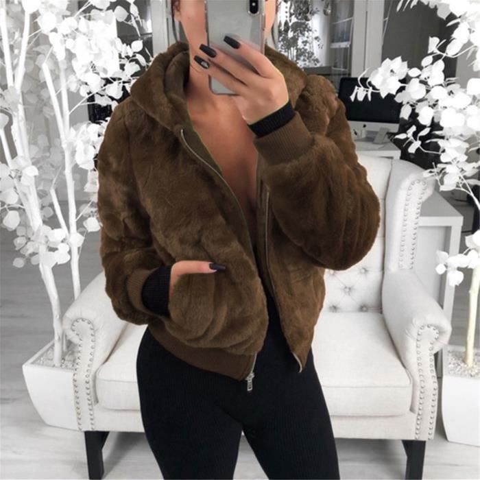 OS Manteau en fourrure de lapin de couleur pure avec poche a manches longues pour dames Cafe Cafe Cdiscount Pret a Porter