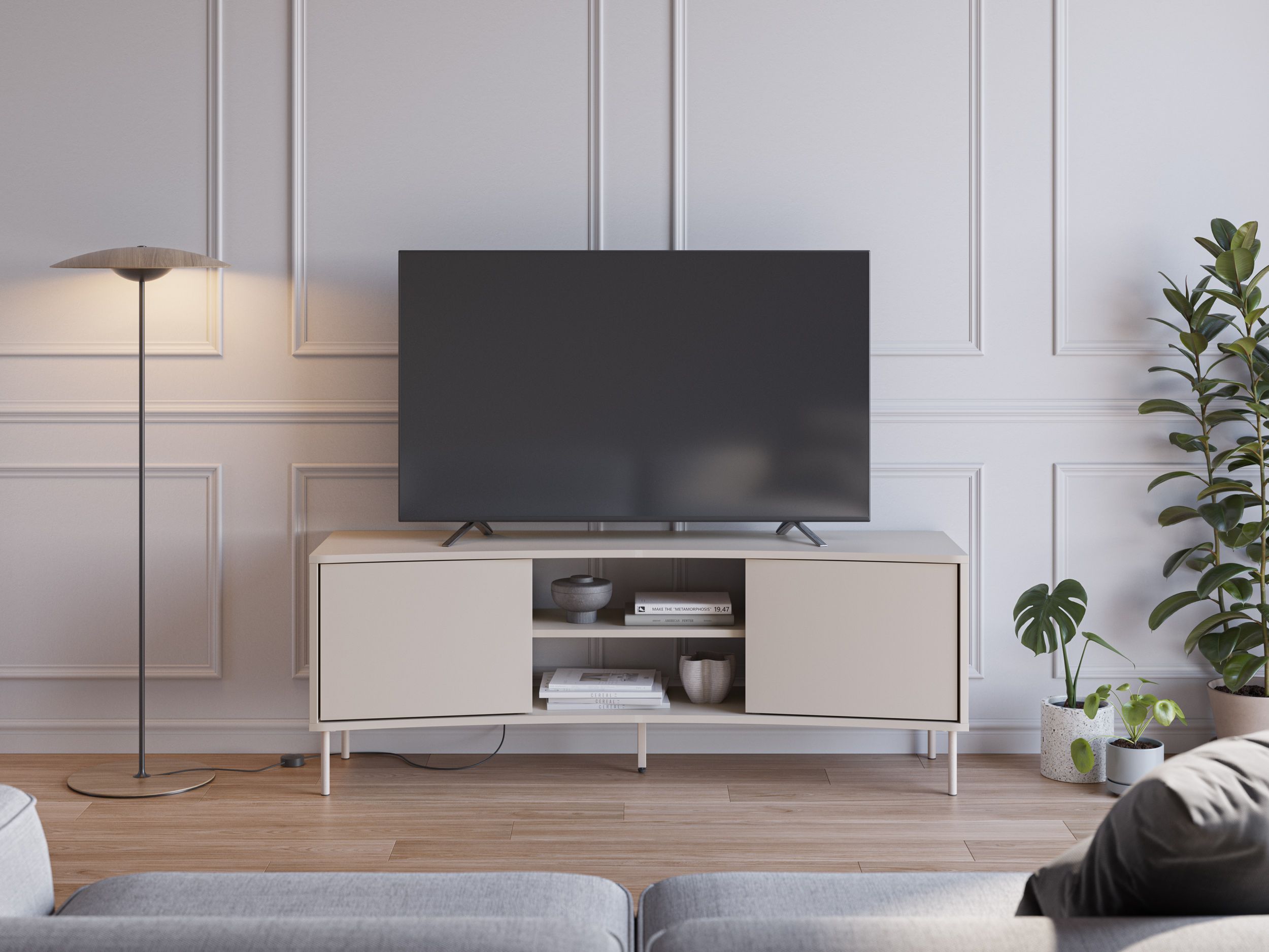 GENERIQUE Meuble TV NOVA AUCUNE 2 portes 2 niches cr&egrave;me courb&eacute; 150 x 40 x 55