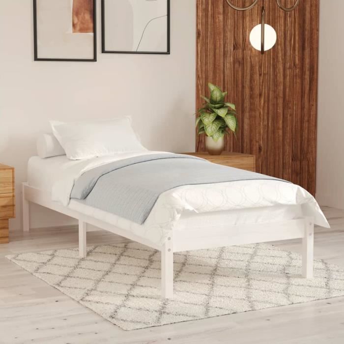 Lit adulte enfant élégant - OVONNI - Blanc bois de pin massif 90x190 cm UK simple - Sommier inclus