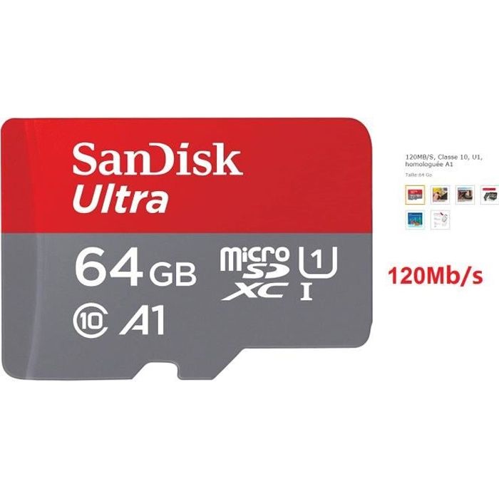 SanDisk Carte Mémoire microSDXC Ultra Vitesse de Lecture Allant jusqu'à 120MB/ Classe 10 U1 homologuée A1 - vue 2