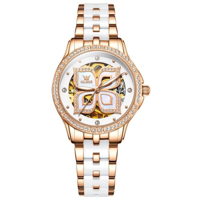SHARPHY Montre femme de marque de luxe diamant nouveau automatique mécanique bracelet en céramique blanc élégant