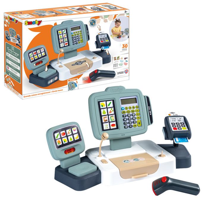 Smoby - Grande Caisse Enregistreuse - Dès 3 ans - 30 accessoires - Fabriqué en France - Scanner sons & lumières - Calculatrice