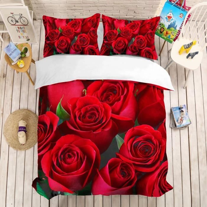 SATIN FLOWERS Parure de lit 200x220 cm avec quatre taies d'oreiller 50x70  cm et un drap dans les tons roses - Selsey