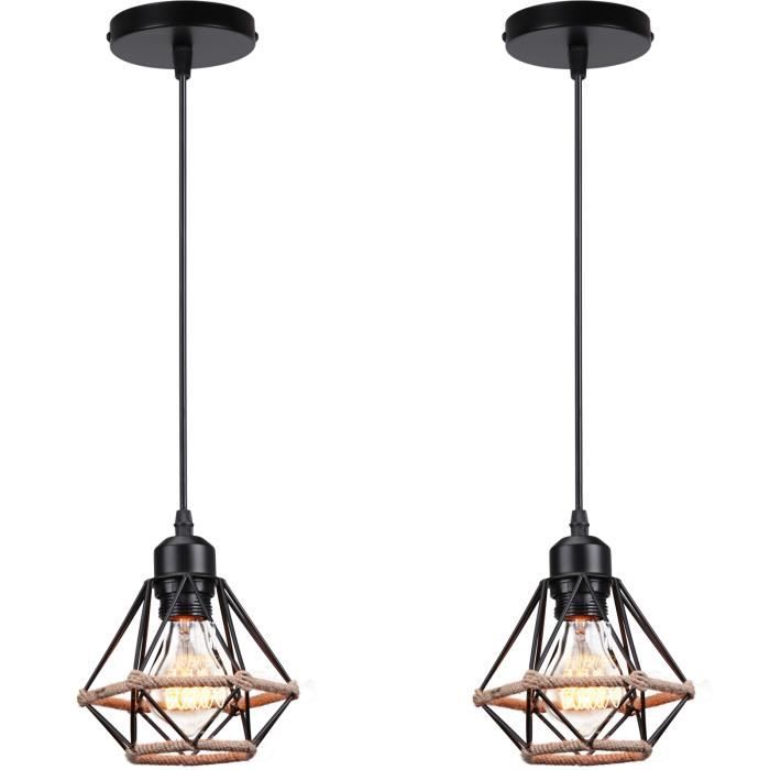 UNI 2pcs Pendentf Suspension Lustre Design Vintage Industrielle en Corde de Chanvre Plafonnier Lustre Salon Chambre Escalier Noir