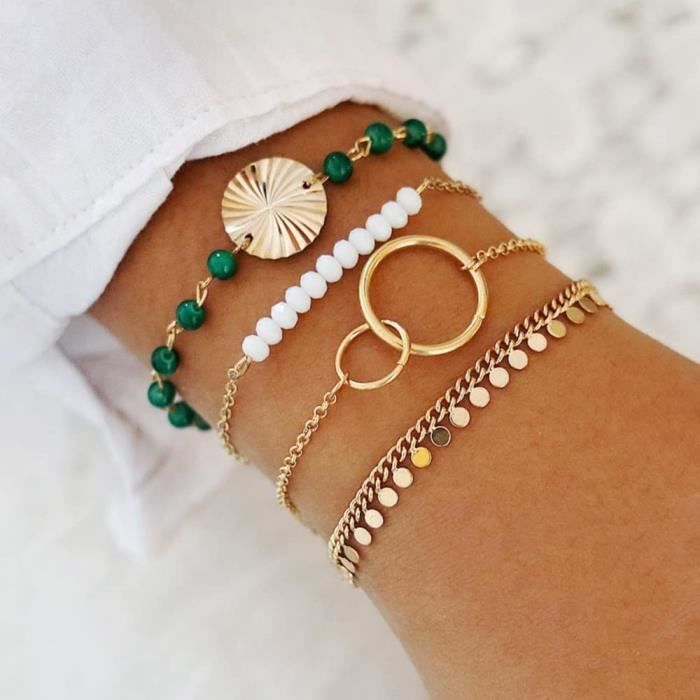 Ensemble de bracelets en or bracelet à sequins à glands avec chaîne à main  en perle verte cercle réglable pour femmes et filles - Achat / Vente  bracelet - gourmette Ensemble de