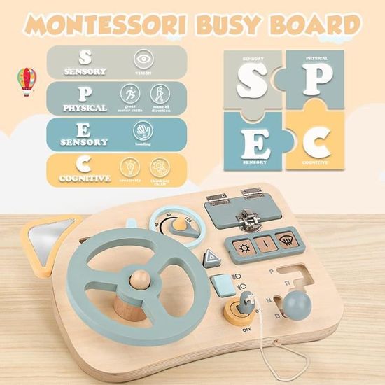 Jouet D'éveil - Busy Board - Montessori - Bois Naturel - Lumière LED - Interrupteur à Bouton