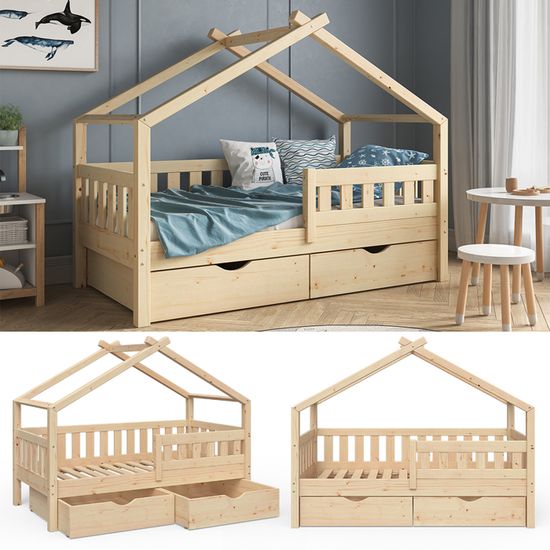 Lit 90x200 avec 2 Tiroirs de Rangement, Lit en Bois avec Tete de Lit et