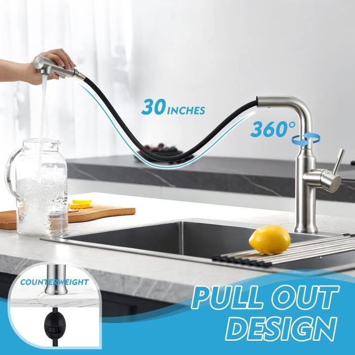 Cuisinés de robinet ,Mitigeur Monocommande Haute Pression avec Aimant,  Orientable à 360° en Acier Inoxydable ,Noir - Cdiscount Bricolage
