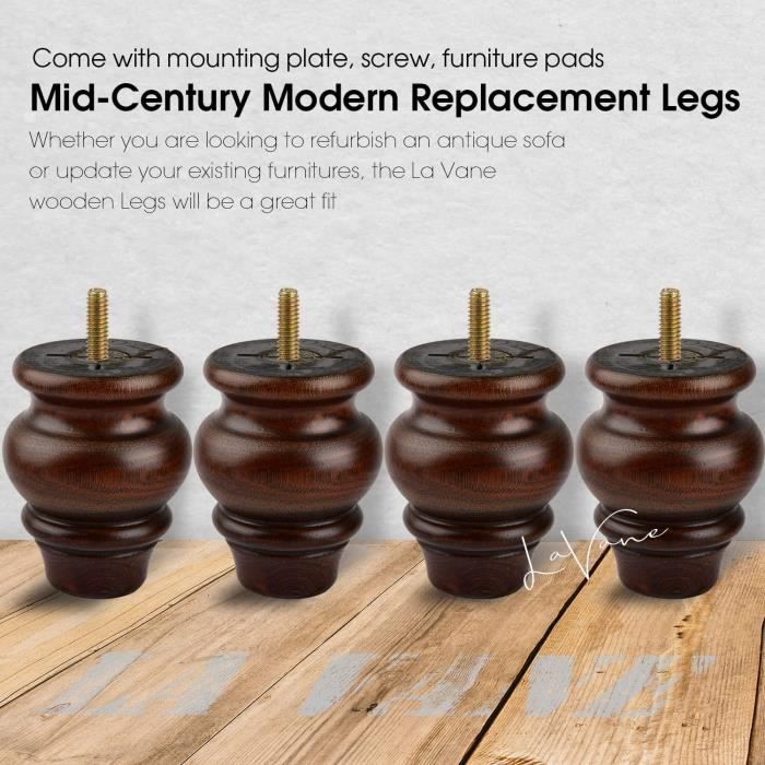 4 Inch Pieds De Meuble En Bois Naturel, La Vane 4 Pièces Pieds De Table Droit Rond Avec 5/16" 8mm Boulon Pré-percé & Vis & Protecture De Plancher Pour DIY Meuble Sofa