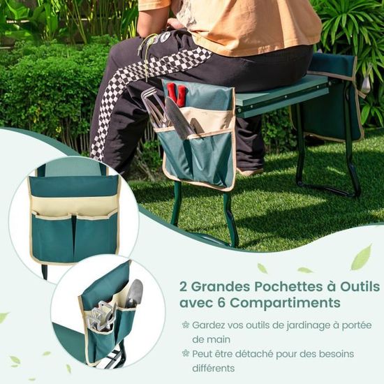Banc De Jardinage Pliable Avec Coussin EVA & Sac Outils - Tabouret Genouillère Jusqu'à 150kg - Vert