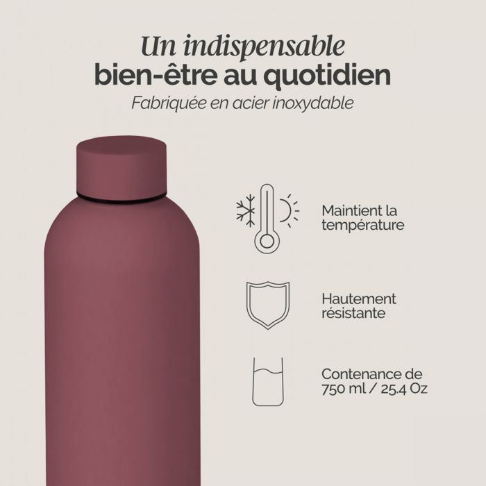 Gourde Isotherme HUIIKE 750 Ml Rose – Acier Inox 304, 3 Bouchons, Garde Froid 24h/chaud 12h, Sans BPA, étanche - 7