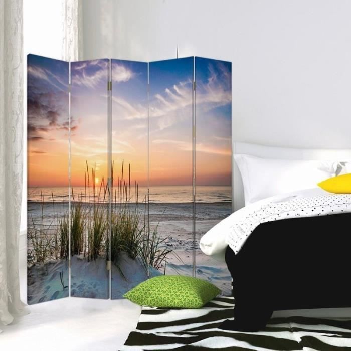 Feeby Paravent Plage 3 Panneaux 110x150 cm Deux Côtés Cloison de séparation Écran Pliant Foto Paravent Interieur Décoratif Mur Espagnol Impression sur Toile Chambre d'enfant Salon Bureau Beige