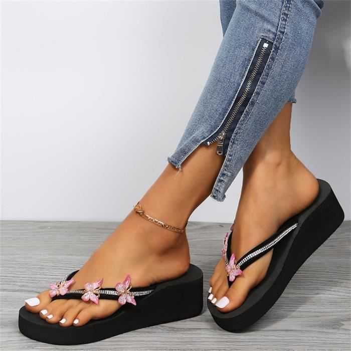 Tongs Ajourées Femme à Semelle épaisse - Talon Compensé, Cristaux Brillants - Style Bohème été, Plage