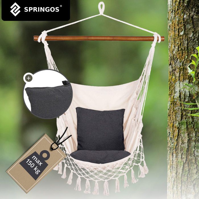 Campela Fauteuil Suspendu Boho Écru – Balançoire Cigogne à Franges – Hamac Salon Jardin Balcon | Style Bohème Chic | Charge Max 150 Kg | Intérieur & Extérieur