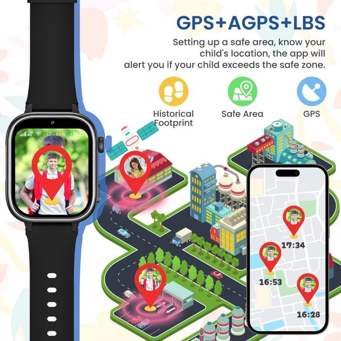 Montre Connectée Enfant 4G Avec GPS Et Appel Vidéo - Appel SOS, Mode école, étanche IP68 - Pour 4-14 Ans, Avec SIM (non Incluse), Couleur Noire