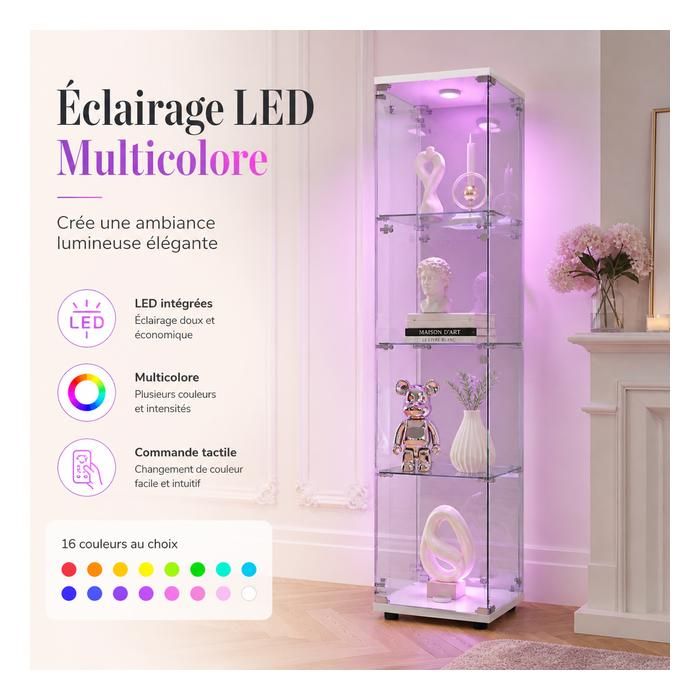 Vitrine LED Trempé 3 Étagères Avec Miroir Et Serrure – 125x42x36 Cm – Présentoir Lumineux RVB Pour Collection, Vin, Figurines, Livres