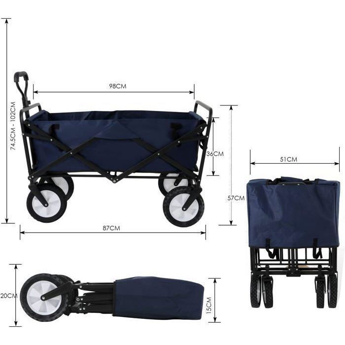 Chariot De Jardin Pliable 4 Roues – Charge Max 350 Kg, Roues Ø 25 Cm – Pour Bois, Jardinage, Plage, Camping