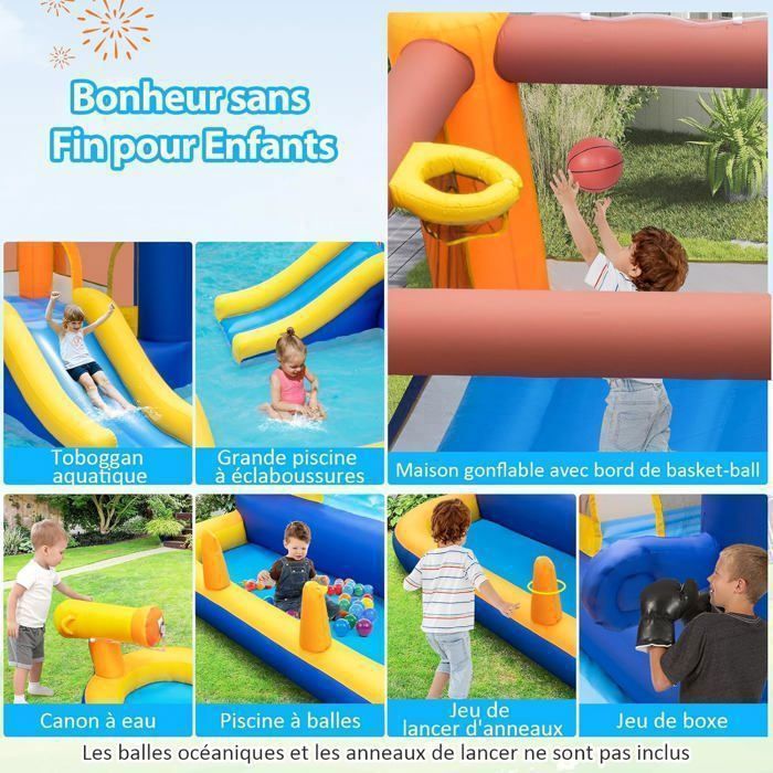 Château Gonflable 7 En 1 – Toboggan, Piscine, Escalade, Canons à Eau, 470x370x190 Cm, Pour Enfants 3-10 Ans, été De Folie !