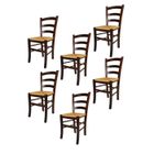 T M C S Tommychairs - Set 6 chaises cuisine VENEZIA, robuste structure en bois de hêtre peindré en couleur noyer foncé et assise en paille