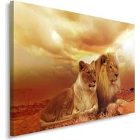Tableau Décoration Murale Lions Couple 120x80 cm Impression sur Toile animaux sauvages Tableaux XXL Salon