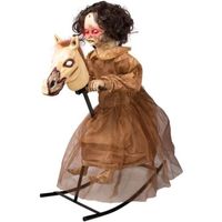 Décoration Halloween - Spectre fille sur cheval à bascule animé - Blanc - 0,9 x 1 m