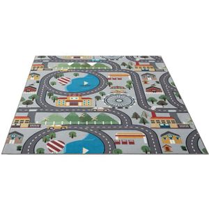 TAPIS the carpet Happy Life - Tapis de jeu pour chambre d'enfant avec rues, villes et voitures, lavable, gris, 100 x 200 cm