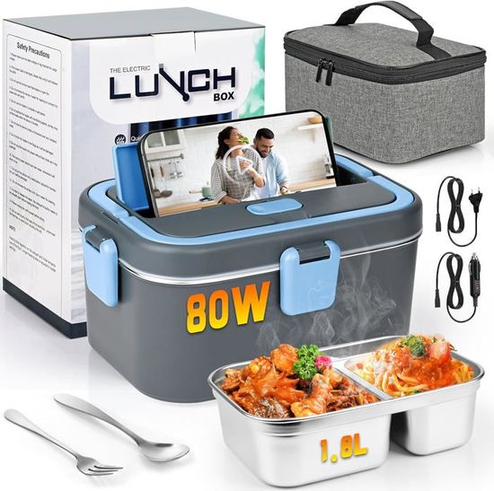 ESOHOT Gamelle Chauffante Électrique 80W 1,5L - Lunch Box 12V 24V 220V Pour Repas Chauds