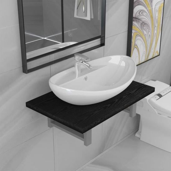 Elégant Ensemble Meuble de salle de bain simple vasque + étagère Contemporain - 2 pcs SALLE DE BAIN COMPLETE Céramique - Noir 72701
