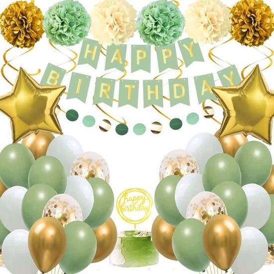 Kit Décoration Anniversaire Or Et Vert – 55 Pièces, Bannière Happy Birthday, Ballons, Pompons, Tourbillons, Parfait Garçons Filles