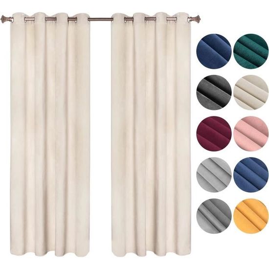 Lot De 2 Rideaux Velours Occultant 140x280 Cm - Isolant Thermique Et Phonique, Couleur Beige, Avec œillets