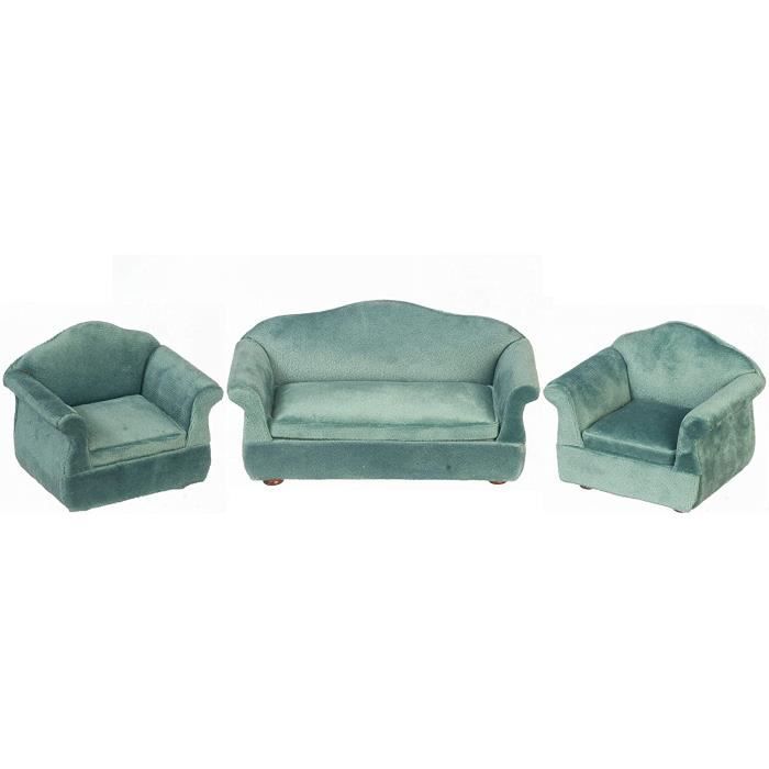 Maison de Poupées Bleu Sarcelle Velours Canapé Et 2 Bras de Chaise Miniature Ensemble de Meubles de Salon