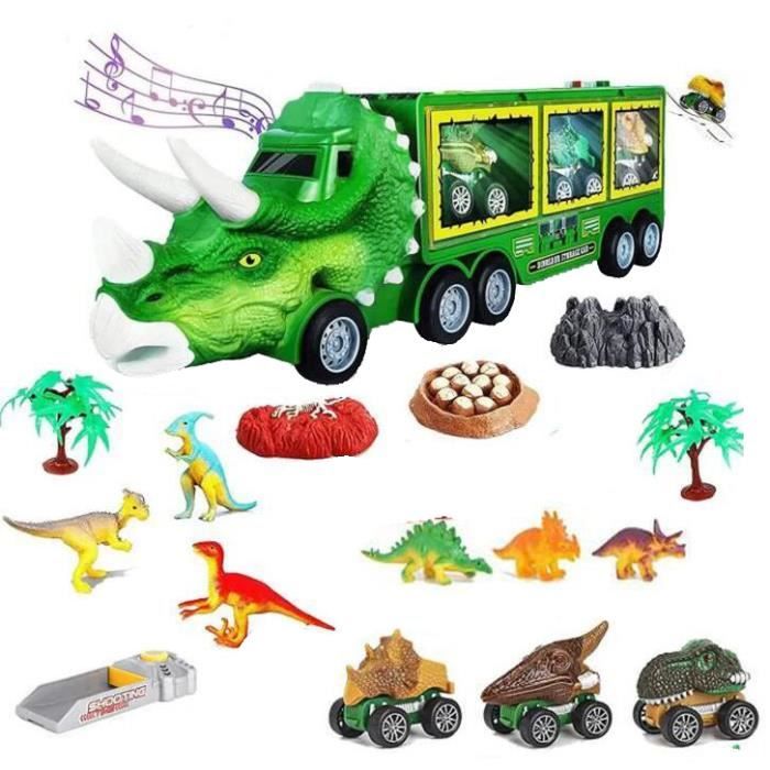 Dinosaure Jouet Camion Transporteur de Voiture , 6 Dinosaure Figurine et 3 Mini Voitures Jouet ,Cadeau pour Enfant 3 à 9 ans