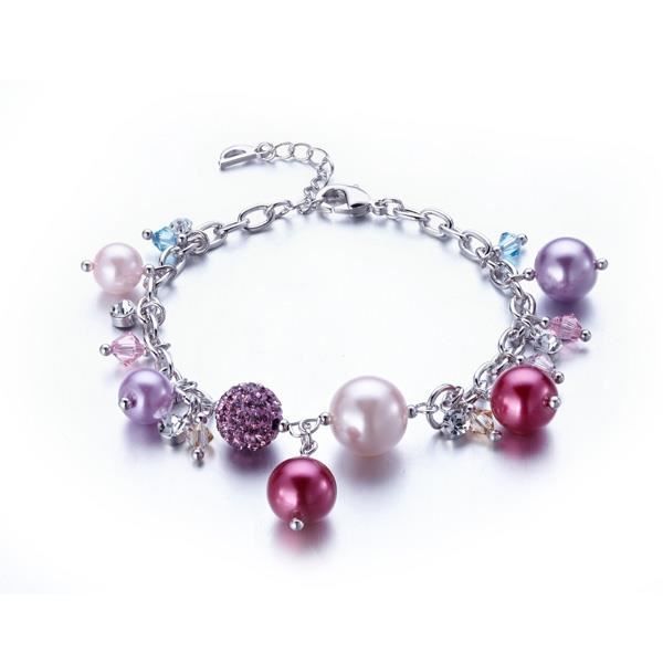 Bracelet Charm's Perles, Cristal de Swarovksi Elements Rose et Plaqué Rhodium