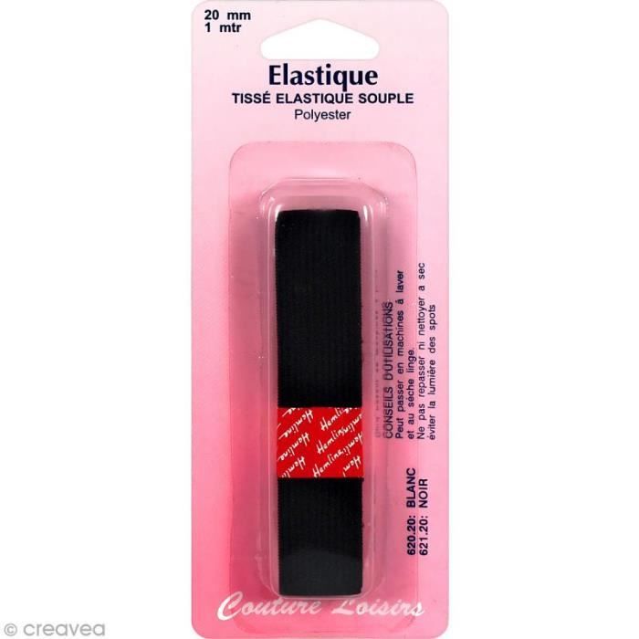 Tresse élastique plate Noir - 20 mm x 1 m