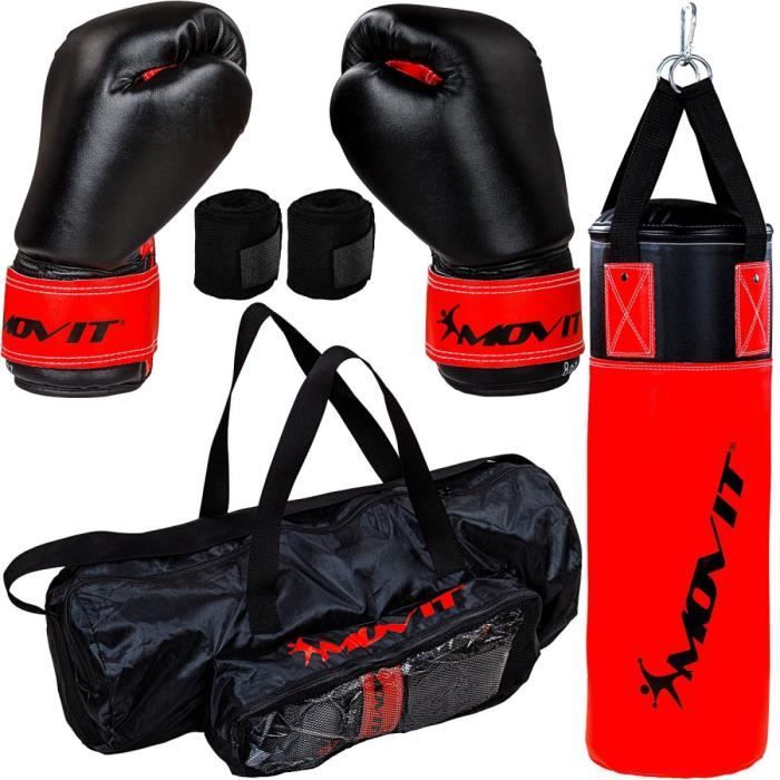 Kit de boxe Movit® avec sac de boxe 5,5 kg, 2 gants de boxe 8 oz, 2 bandes de maintien et sac de transport, couleur rouge