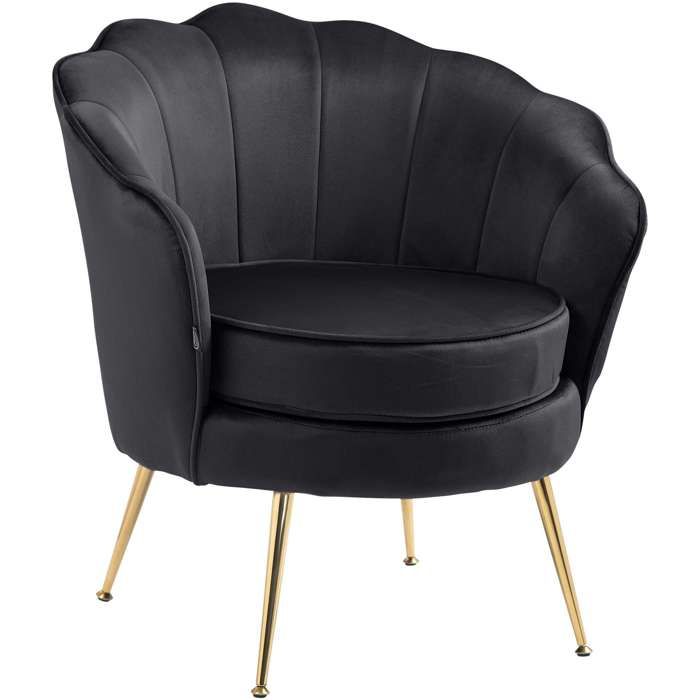 Fauteuil lounge chaise de chaise rembourree avec coutures decoratives revêtement en velours noir et pieds metal dore FAL101558