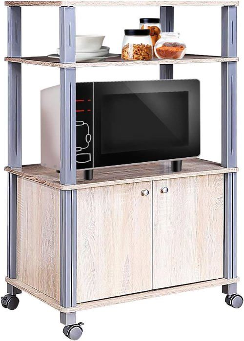 GOPLUS Desserte de Cuisine Roulant à 3 Niveaux pour Micro-Ondes avec Placard 2 Portes-Cadre en Acier Inoxydable-60x40x98CM Beige