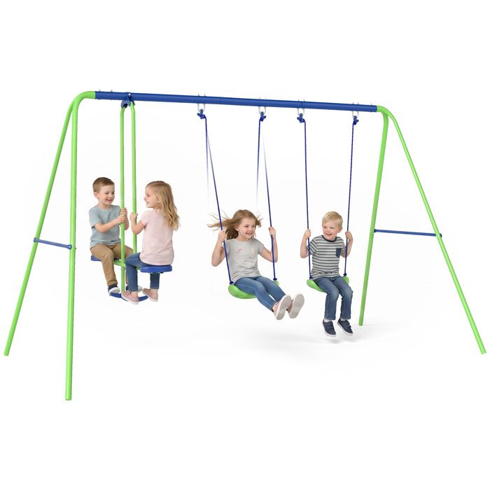 Balançoire - Outsunny - 3 agrès portique - avec 2 balançoires - 28L x 14l x 178H m - métal époxy anticorrosion PE - Vert Bleu