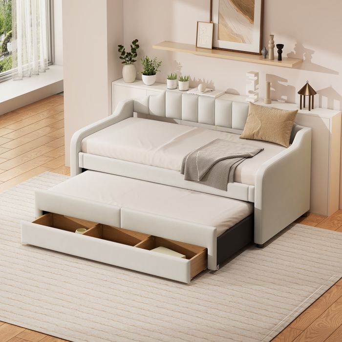 Lit de repos simple rembourré avec rangement escamotable et tiroirs, beige,90 cm x 200 cm (190