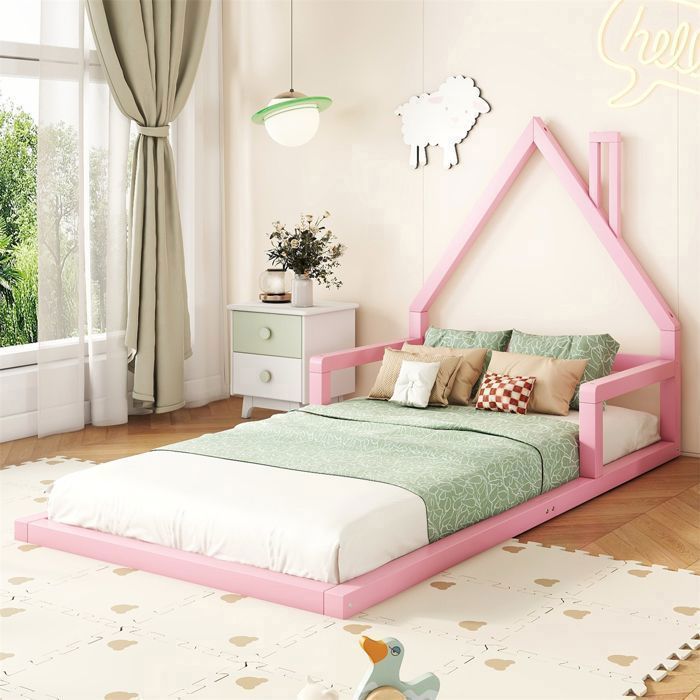 Lit Cabane Enfant Rose avec Barriere Lit Au Sol Montessori Lit Enfant Fille 90 x 200cm Cadre Maison Sommier à Lattes en Bois