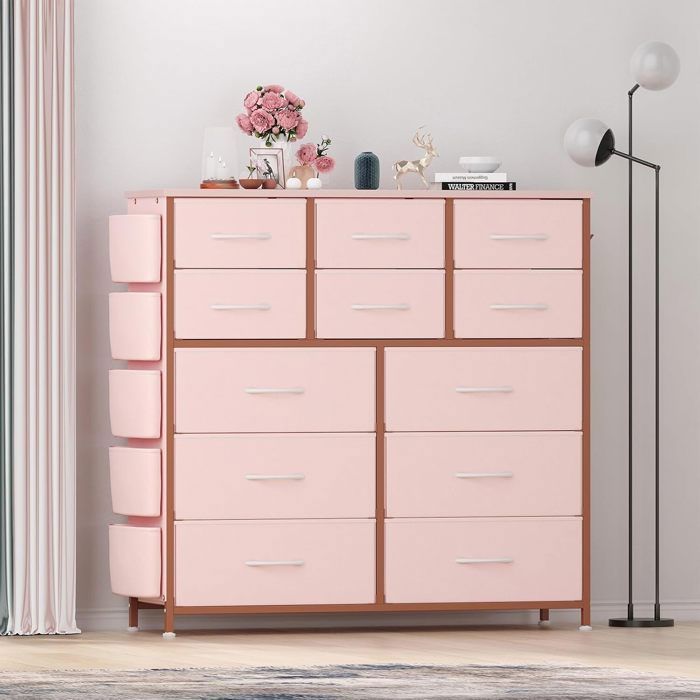 Commode - PROMIRACAL - 12 Tiroirs - Tissu Pliant Rose - Acier Noir - 99x30x110cm