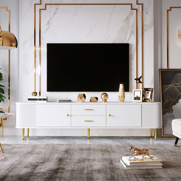 Meuble TV Avec Tiroirs Coins Courbes Avec Côtés Ondulés Poignées et Pieds Dorés MDF - SWEIKO - Blanc