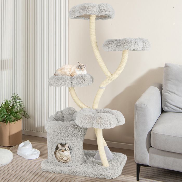 Comparer les prix de GOPLUS Arbre à Chat 165 CM, 4 Plates-Formes en Forme de Fleur, Grotte,Griffoir en Sisal, Centre d’Activités pour Chats, Gris