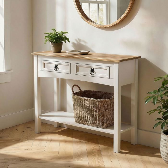 Table console CAMPO table dappoint rectangulaire en pin massif blanc et brun avec 2 tiroirs et 1 &eacute;tag&egrave;re meuble dentr&eacute;e en bois 
