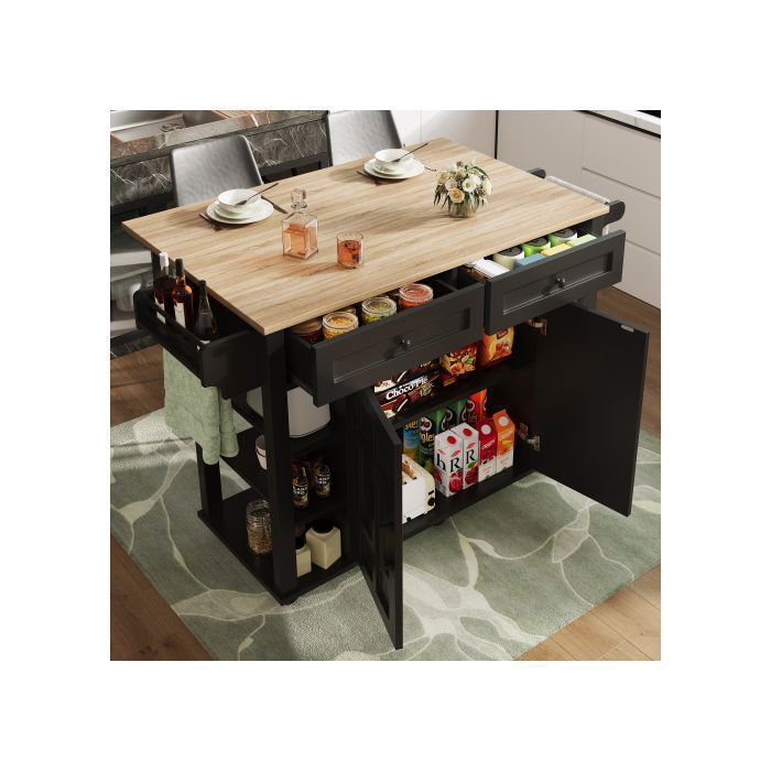 Îlot De Cuisine Mobile Extensible Avec Multiprise - Table Avec Plateau Amovible, Rangements Et Roulettes, Noir Et Blanc