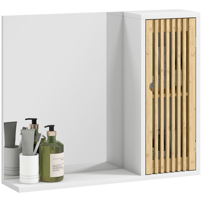 Armoire de salle de bain avec miroir - HOMCOM - étagère porte à lattes en bambou et étagère réglable - blanc