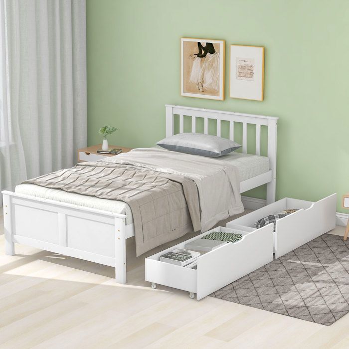 Lit simple bois 90x200cm avec 2 tiroirs de rangement et sommier à lattes pour enfant adulte - blanc