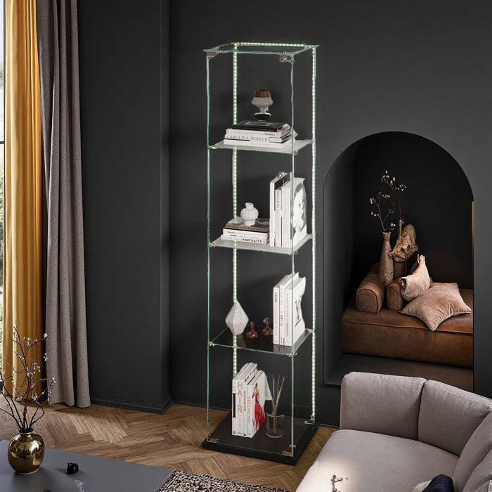 Vitrine en verre - Vitrine LED 4 étagères - Scandinave - Noir - Verre trempé 163x39x35 cm