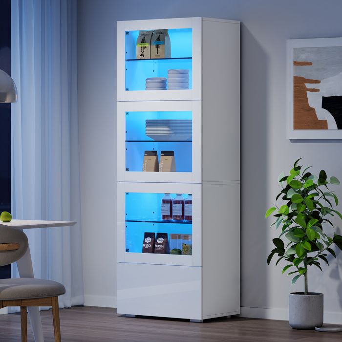 Vitrine brillante 60x40 x 173 cm - Avec éclairage LED - 3 portes et 1 tiroir - Étagères réglables - Blanc Vitrine brillante 60x40 x 173 cm - Avec éclairage LED - 3 portes et 1 tiroir - Étagères réglables - Blanc