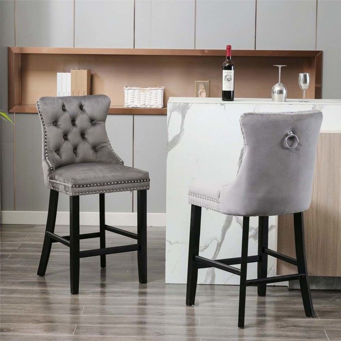 Tabouret de bar - Moderne (style milieu du siècle) - Revêtement velours - Dossier haut - Lot de 2 gris